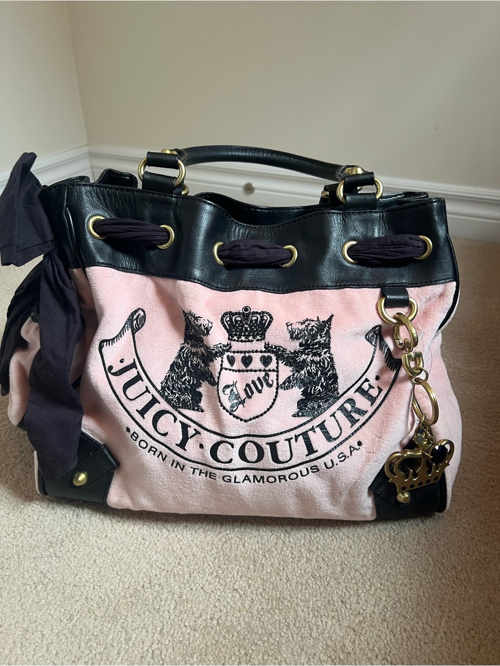 Juicy Couture Pink and Black Crest Logo Tote with Gold Hardware